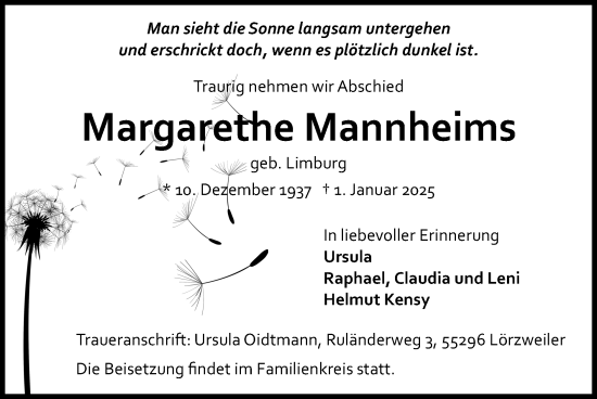 Traueranzeige von Margarethe Mannheims von Zeitung am Sonntag