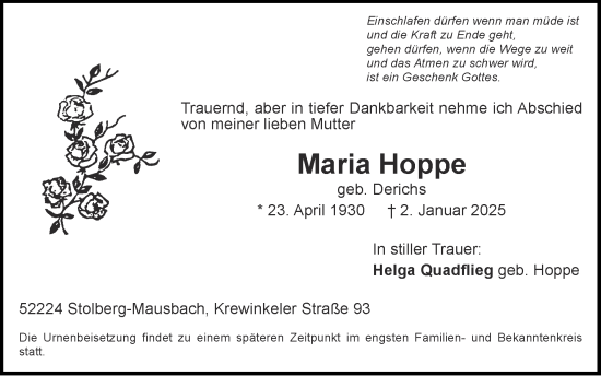 Traueranzeige von Maria Hoppe von Zeitung am Sonntag