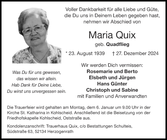 Traueranzeige von Maria Quix von Zeitung am Sonntag