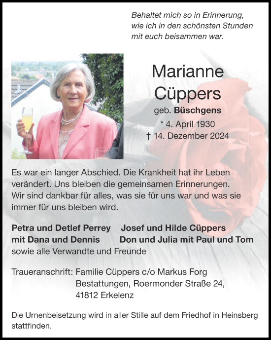 Traueranzeige von Marianne Cüppers von Zeitung am Sonntag