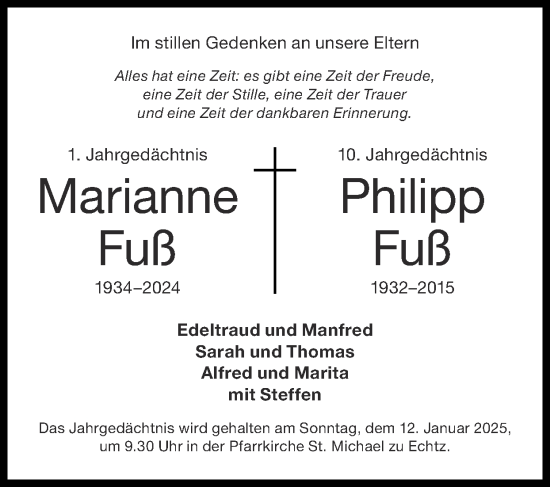 Traueranzeige von Marianne Fuß von Zeitung am Sonntag