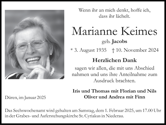 Traueranzeige von Marianne Keimes von Zeitung am Sonntag