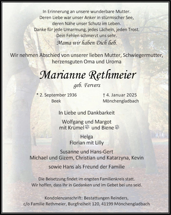 Traueranzeige von Marianne Rethmeier von Zeitung am Sonntag