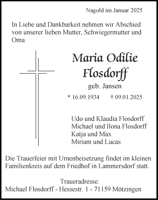Traueranzeige von Maria Odilie Flosdorff von Aachener Zeitung
