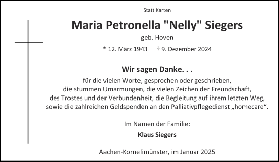 Traueranzeige von Maria Petronella Siegers von Aachener Zeitung
