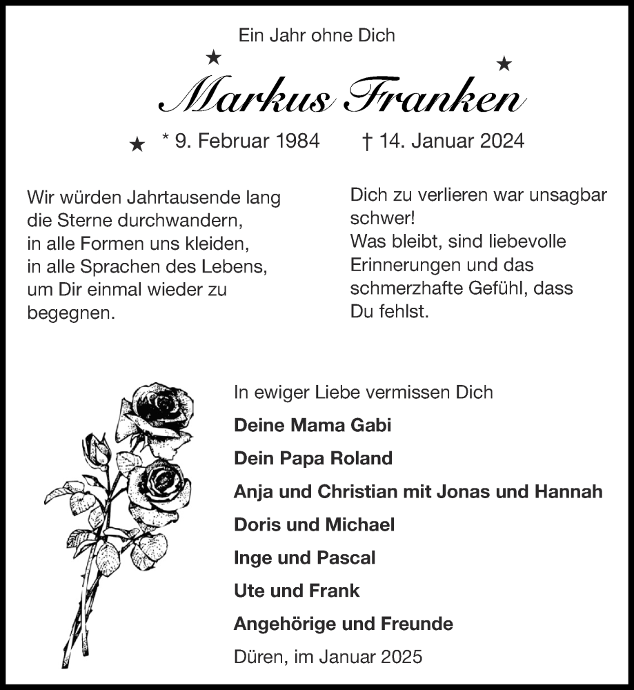  Traueranzeige für Markus Franken vom 12.01.2025 aus Zeitung am Sonntag