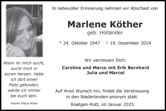 Traueranzeige von Marlene Köther von Zeitung am Sonntag