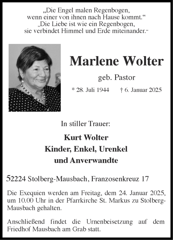Traueranzeige von Marlene Wolter von Zeitung am Sonntag