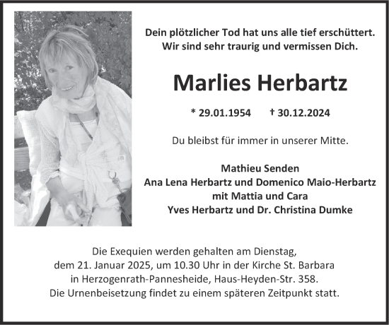 Traueranzeige von Marlies Herbartz von Zeitung am Sonntag