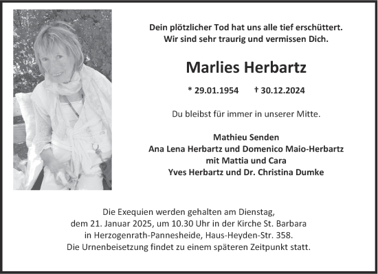 Traueranzeige von Marlies Herbartz von Aachener Zeitung