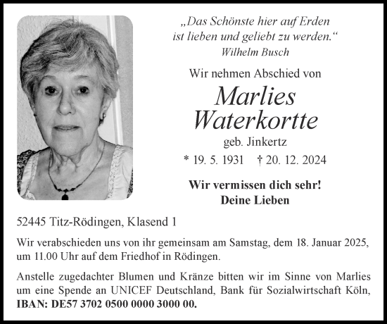 Traueranzeige von Marlies Waterkortte von Zeitung am Sonntag