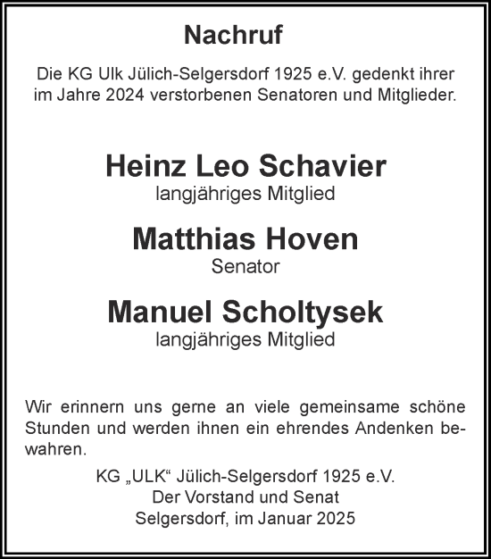 Traueranzeige von Matthias Hoven von Zeitung am Sonntag