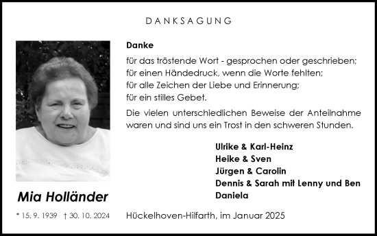 Traueranzeige von Mia Holländer von Zeitung am Sonntag