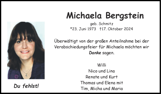 Traueranzeige von Michaela Bergstein von Zeitung am Sonntag