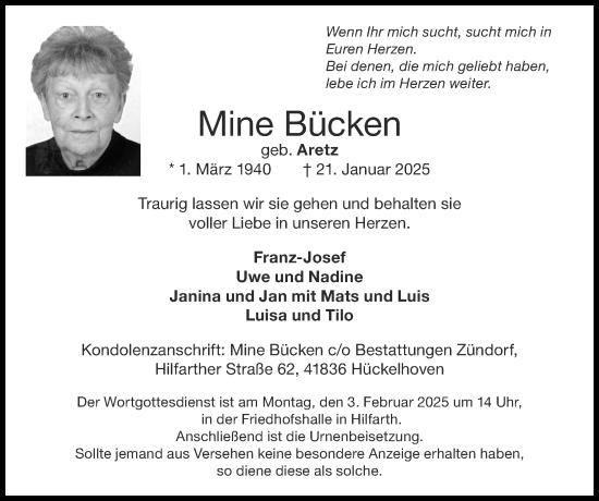 Traueranzeige von Mine Bücken von Zeitung am Sonntag