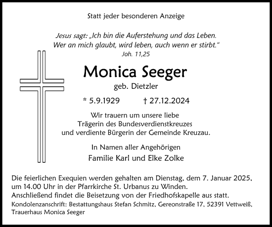 Traueranzeige von Monica Seeger von Zeitung am Sonntag