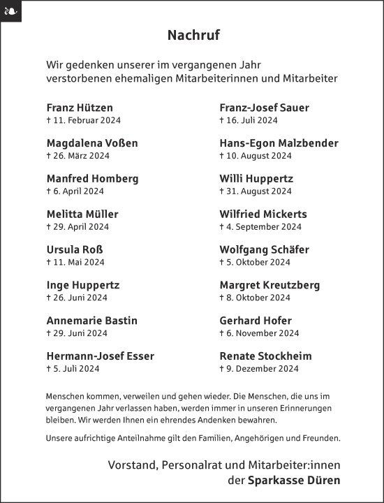 Traueranzeige von Nachruf Sparkasse Düren von Zeitung am Sonntag