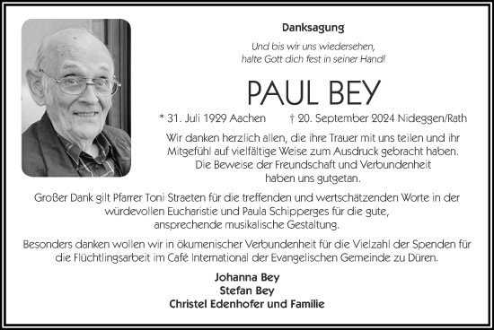 Traueranzeige von Paul Bey von Zeitung am Sonntag