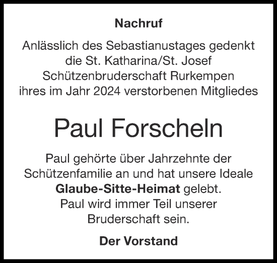 Traueranzeige von Paul Forscheln von Zeitung am Sonntag