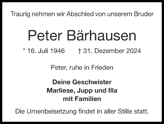 Traueranzeige von Peter Bärhausen von Zeitung am Sonntag