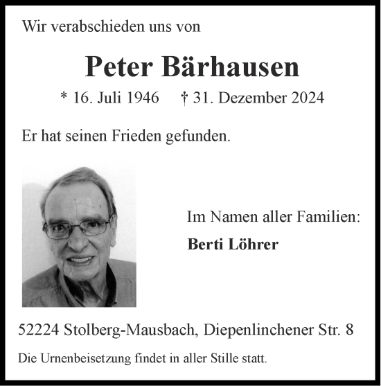 Traueranzeige von Peter Bärhausen von Zeitung am Sonntag