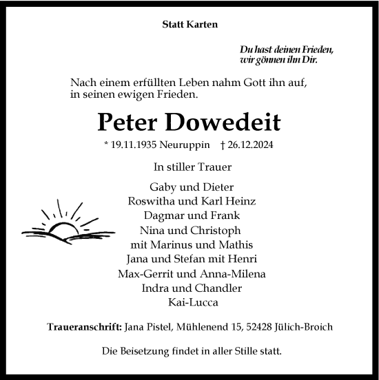 Traueranzeige von Peter Dowedeit von Zeitung am Sonntag