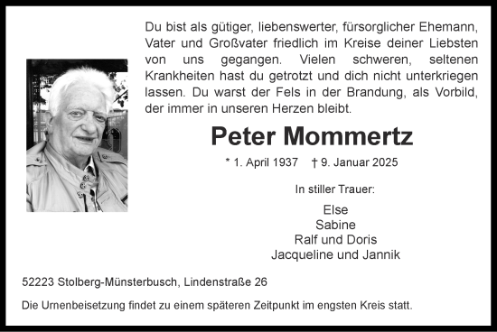 Traueranzeige von Peter Mommertz von Zeitung am Sonntag