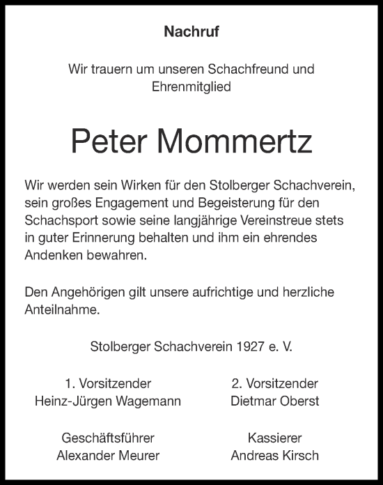 Traueranzeige von Peter Mommertz von Zeitung am Sonntag