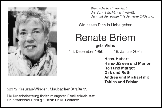 Traueranzeige von Renate Briem von Zeitung am Sonntag