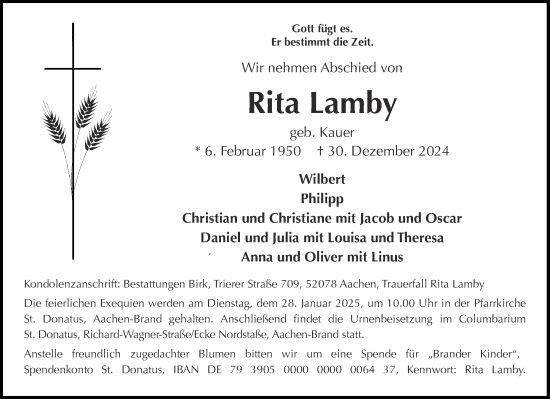 Traueranzeige von Rita Lamby von Aachener Zeitung