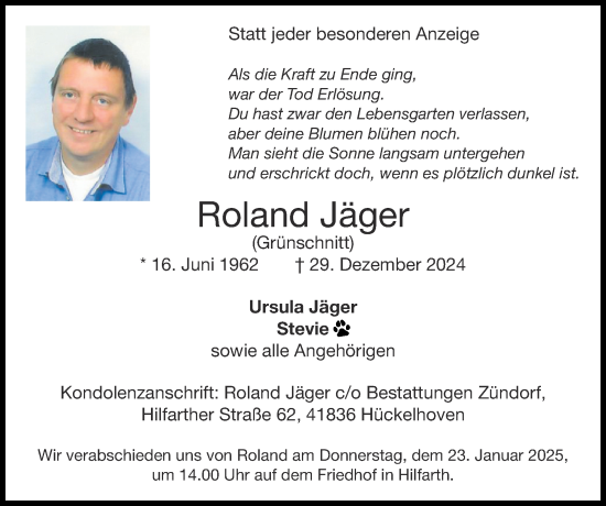 Traueranzeige von Roland Jäger von Zeitung am Sonntag
