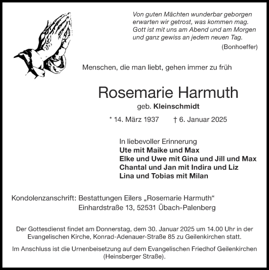 Traueranzeige von Rosemarie Harmuth von Zeitung am Sonntag