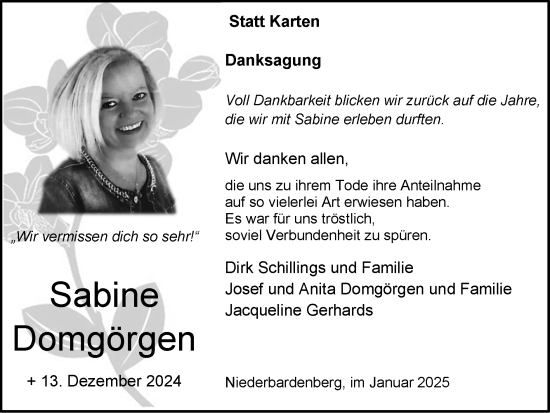 Traueranzeige von Sabine Domgörgen von Zeitung am Sonntag