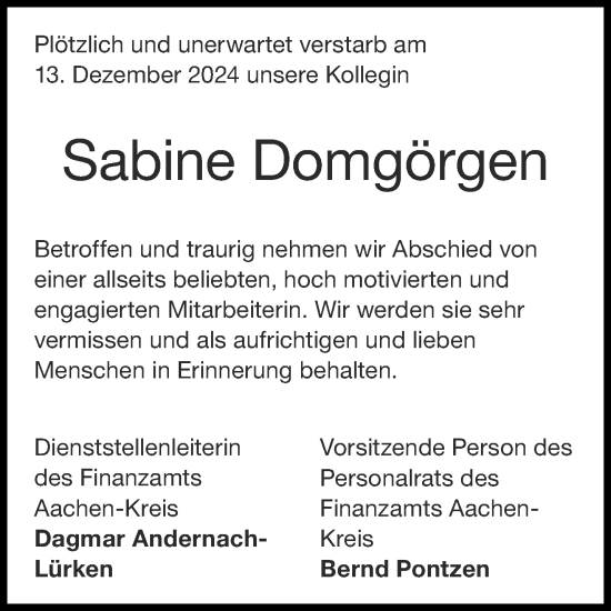 Traueranzeige von Sabine Domgörgen von Aachener Zeitung