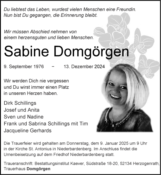 Traueranzeige von Sabine Domgörgen von Zeitung am Sonntag