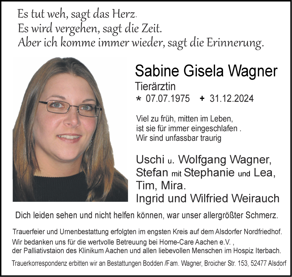  Traueranzeige für Sabine Gisela Wagner vom 26.01.2025 aus Zeitung am Sonntag