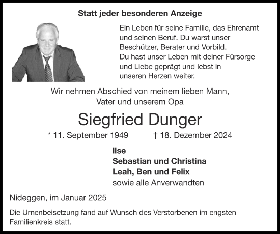Traueranzeige von Siegfried Dunger von Zeitung am Sonntag