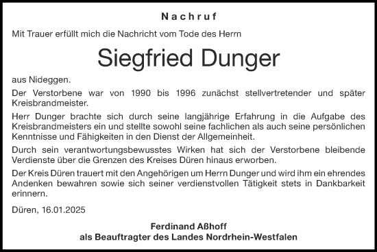 Traueranzeige von Siegfried Dunger von Zeitung am Sonntag