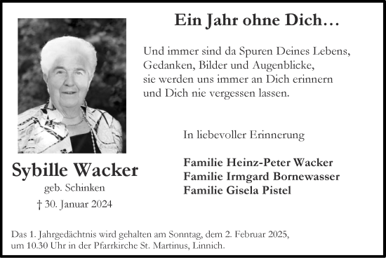 Traueranzeige von Sybille Wacker von Zeitung am Sonntag