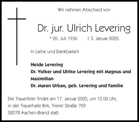 Traueranzeige von Ulrich Levering von Aachener Zeitung