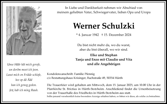 Traueranzeige von Werner Schulzki von Zeitung am Sonntag