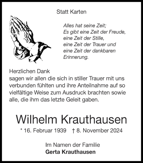 Traueranzeige von Wilhelm Krauthausen von Zeitung am Sonntag