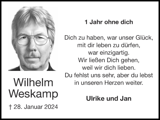 Traueranzeige von Wilhelm Weskamp von Zeitung am Sonntag
