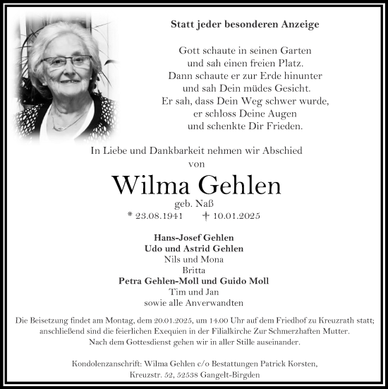 Traueranzeige von Wilma Gehlen von Aachener Zeitung