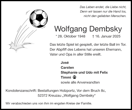 Traueranzeige von Wolfgang Dembsky von Zeitung am Sonntag