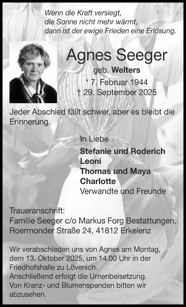  Traueranzeige für Agnes Seeger vom 05.10.2025 aus Zeitung am Sonntag