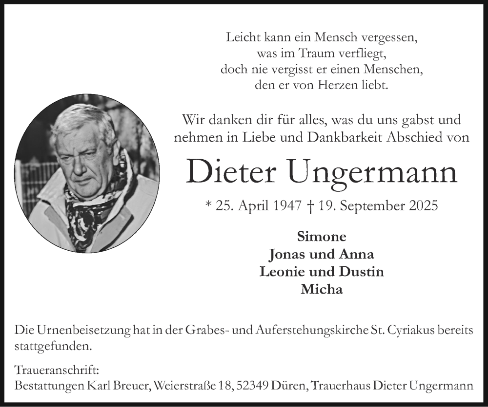  Traueranzeige für Dieter Ungermann vom 05.10.2025 aus Zeitung am Sonntag