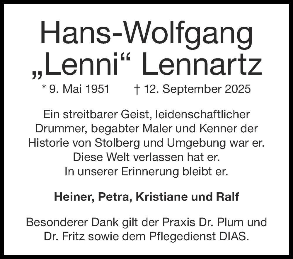  Traueranzeige für Hans-Wolfgang Lennartz vom 05.10.2025 aus Zeitung am Sonntag