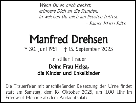 Traueranzeige von Manfred Drehsen von Zeitung am Sonntag
