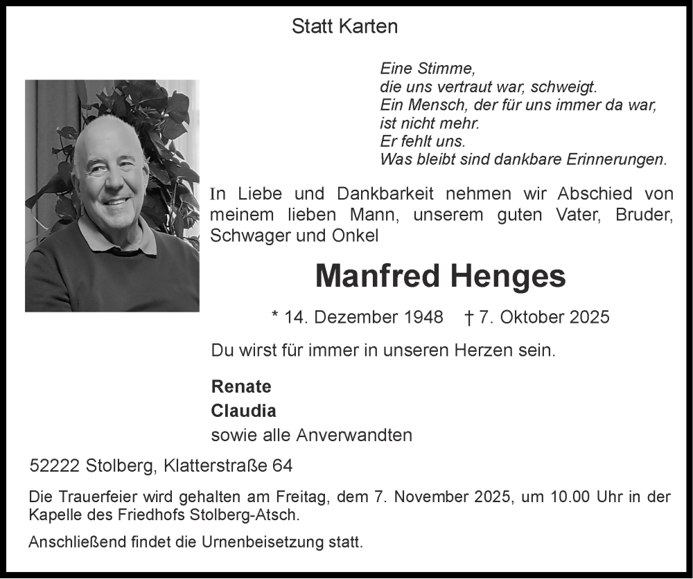  Traueranzeige für Manfred Henges vom 26.10.2025 aus Zeitung am Sonntag